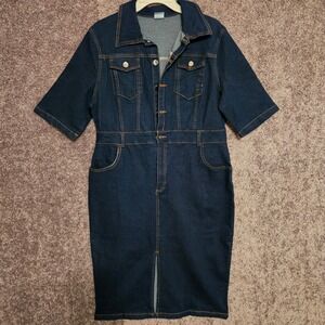 Denim Jean Shirt Dress Short Sleeve Collared Button Up Midi Womens XL Runs Small